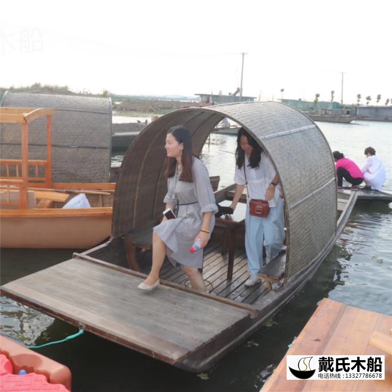 5米餐廳烏篷船 仿古木質餐飲船 定制特色餐廳木船